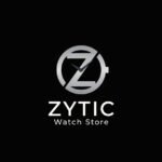 A dark-themed logo for "ZYTIC Watch Store" featuring a metallic silver circular emblem centered against a solid black background. Inside the circular frame, the letter "Z" is styled to form watch hands in the center. Below the emblem, the brand name "ZYTIC" is written in bold white sans-serif uppercase letters, accompanied by the subtitle "Watch Store"