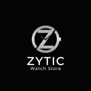 A dark-themed logo for "ZYTIC Watch Store" featuring a metallic silver circular emblem centered against a solid black background. Inside the circular frame, the letter "Z" is styled to form watch hands in the center. Below the emblem, the brand name "ZYTIC" is written in bold white sans-serif uppercase letters, accompanied by the subtitle "Watch Store"